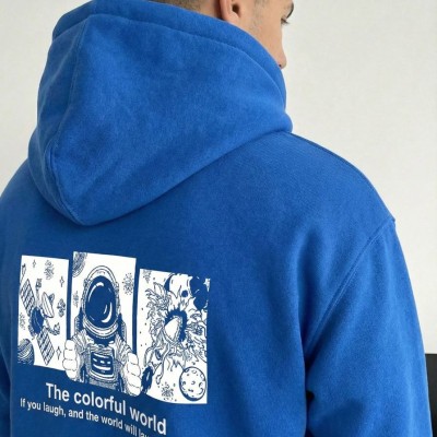 Erkek Baskılı Kapüşonlu Cepli Hoodie 3 İplik Pamuklu Sweatshirt - Saks Mavisi Erkek Baskılı Kapüşonlu Cepli Hoodie 3 İplik Pamuklu Sweatshirt - Saks Mavisi