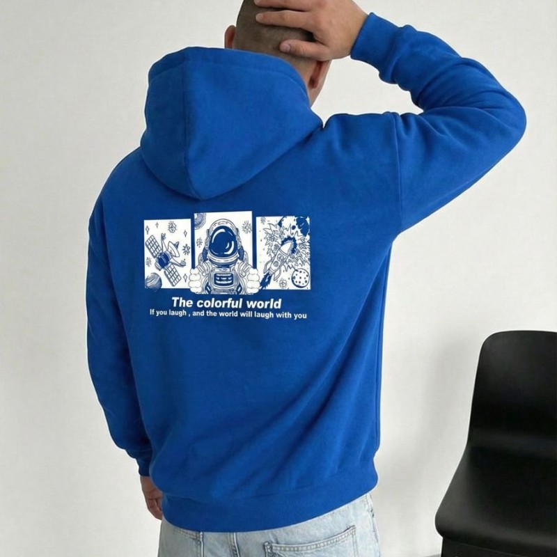 Erkek Baskılı Kapüşonlu Cepli Hoodie 3 İplik Pamuklu Sweatshirt - Saks Mavisi Erkek Baskılı Kapüşonlu Cepli Hoodie 3 İplik Pamuklu Sweatshirt - Saks Mavisi