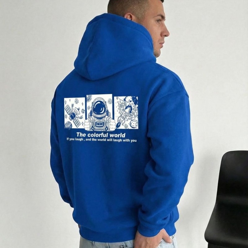 Erkek Baskılı Kapüşonlu Cepli Hoodie 3 İplik Pamuklu Sweatshirt - Saks Mavisi Erkek Baskılı Kapüşonlu Cepli Hoodie 3 İplik Pamuklu Sweatshirt - Saks Mavisi
