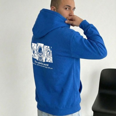 Erkek Baskılı Kapüşonlu Cepli Hoodie 3 İplik Pamuklu Sweatshirt - Saks Mavisi Erkek Baskılı Kapüşonlu Cepli Hoodie 3 İplik Pamuklu Sweatshirt - Saks Mavisi