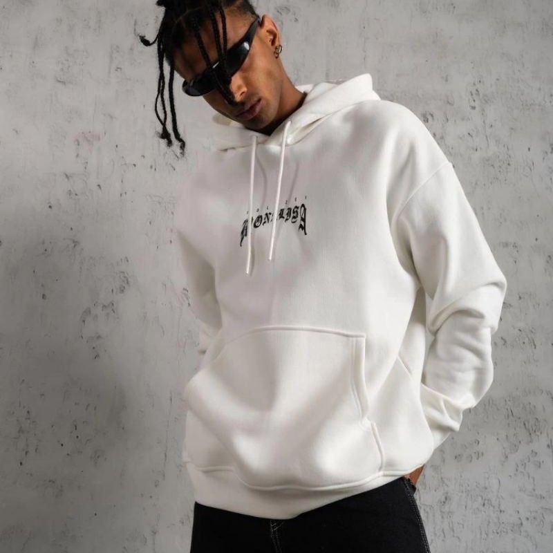 Erkek Baskılı Kapüşonlu ve Kanguru Cepli Sweatshirt hoodie - Beyaz