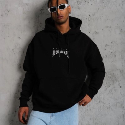 Erkek Baskılı Kapüşonlu ve Kanguru Cepli Sweatshirt hoodie- Siyah Erkek Baskılı Kapüşonlu ve Kanguru Cepli Sweatshirt hoodie- Siyah