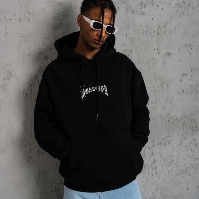 Erkek Baskılı Kapüşonlu ve Kanguru Cepli Sweatshirt hoodie- Siyah Erkek Baskılı Kapüşonlu ve Kanguru Cepli Sweatshirt hoodie- Siyah