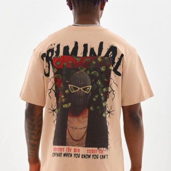 Erkek Baskılı T-Shirt Kısa Kol Bisiklet Yaka Rahat Kalıp Tişört  - Bej