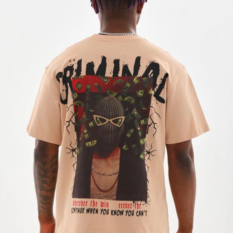 Erkek Baskılı T-Shirt Kısa Kol Bisiklet Yaka Rahat Kalıp Tişört  - Bej