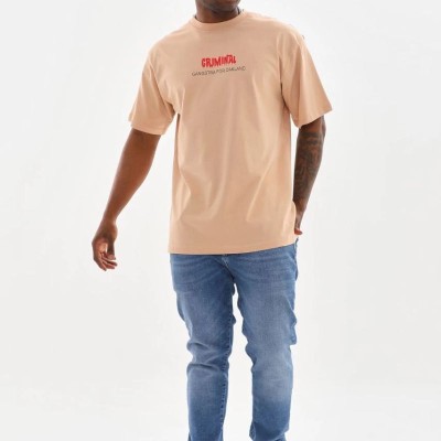 Erkek Baskılı T-Shirt Kısa Kol Bisiklet Yaka Rahat Kalıp Tişört  - Bej