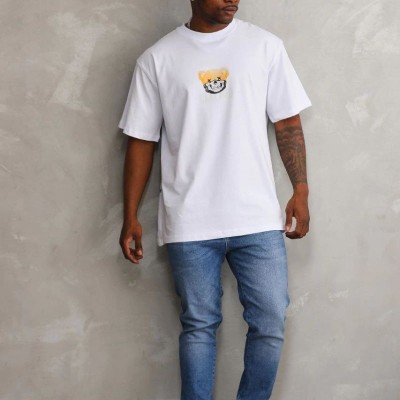 Erkek Baskılı T-Shirt Kısa Kol Bisiklet Yaka Rahat Kalıp Tişört  - Beyaz