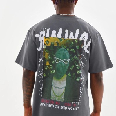 Erkek Baskılı T-Shirt Kısa Kol Bisiklet Yaka Rahat Kalıp Tişört - Füme