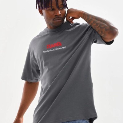 Erkek Baskılı T-Shirt Kısa Kol Bisiklet Yaka Rahat Kalıp Tişört - Füme
