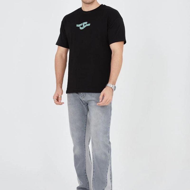 Erkek Baskılı T-Shirt Kısa Kol Bisiklet Yaka Regular Fit Rahat Kalıp Günlük Tişört - Siyah