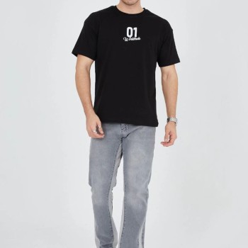 Erkek Baskılı T-Shirt Kısa Kol Bisiklet Yaka Regular Fit Rahat Kalıp Günlük Tişört - Siyah