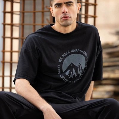 Erkek Baskılı T-Shirt Kısa Kol Bisiklet Yaka Regular Fit Rahat Kalıp Günlük Tişört - Siyah Erkek Baskılı T-Shirt Kısa Kol Bisiklet Yaka Regular Fit Rahat Kalıp Günlük Tişört - Siyah