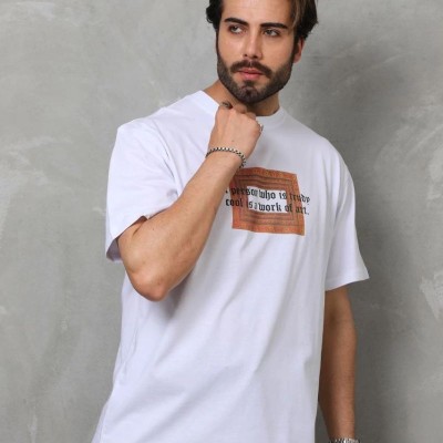Erkek Baskılı T-Shirt Kısa Kol Bisiklet Yaka Regular Fit Rahat Kalıp Tişört - Beyaz Erkek Baskılı T-Shirt Kısa Kol Bisiklet Yaka Regular Fit Rahat Kalıp Tişört - Beyaz