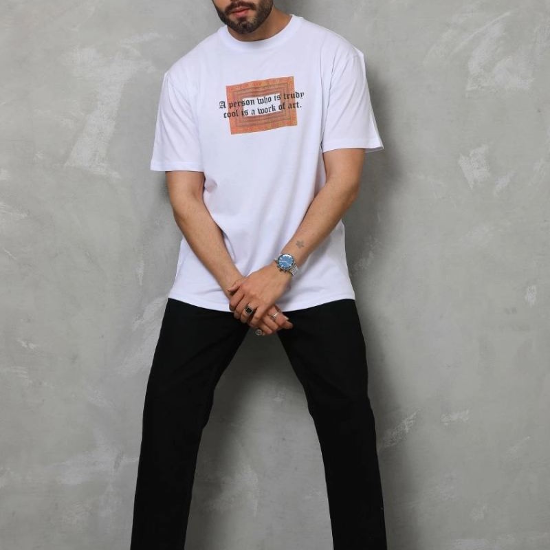 Erkek Baskılı T-Shirt Kısa Kol Bisiklet Yaka Regular Fit Rahat Kalıp Tişört - Beyaz Erkek Baskılı T-Shirt Kısa Kol Bisiklet Yaka Regular Fit Rahat Kalıp Tişört - Beyaz