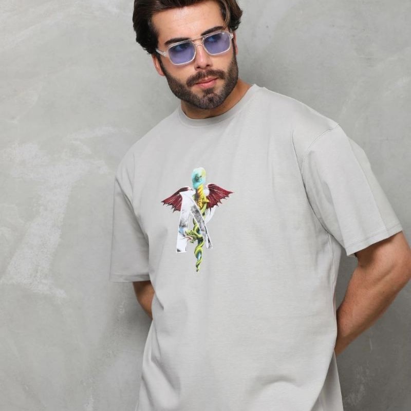 Erkek Baskılı T-Shirt Kısa Kol Bisiklet Yaka Regular Fit Rahat Kalıp Tişört - Gri Erkek Baskılı T-Shirt Kısa Kol Bisiklet Yaka Regular Fit Rahat Kalıp Tişört - Gri