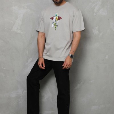 Erkek Baskılı T-Shirt Kısa Kol Bisiklet Yaka Regular Fit Rahat Kalıp Tişört - Gri Erkek Baskılı T-Shirt Kısa Kol Bisiklet Yaka Regular Fit Rahat Kalıp Tişört - Gri
