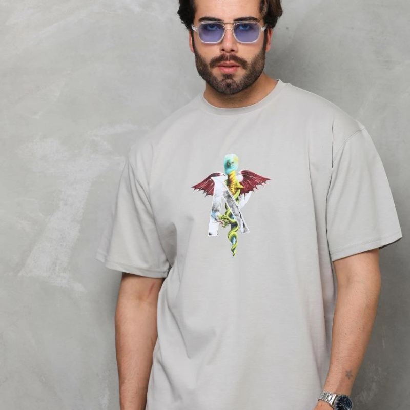 Erkek Baskılı T-Shirt Kısa Kol Bisiklet Yaka Regular Fit Rahat Kalıp Tişört - Gri Erkek Baskılı T-Shirt Kısa Kol Bisiklet Yaka Regular Fit Rahat Kalıp Tişört - Gri