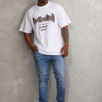 Erkek Baskılı T-Shirt Kısa Kol Bisiklet Yaka Regular Fit Tişört - Beyaz