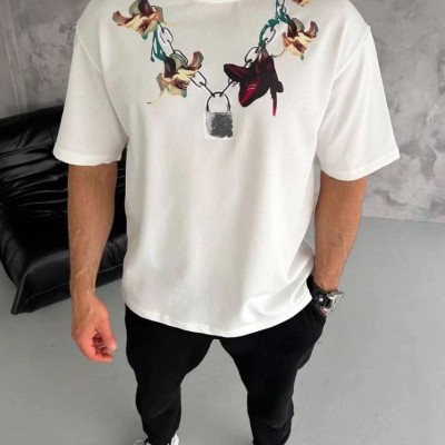 Erkek Baskılı T-Shirt Kısa Kol Bisiklet Yaka Regular Fit Tişört - Beyaz