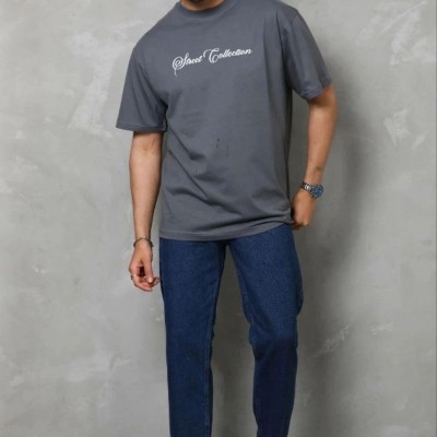 Erkek Baskılı T-Shirt Kısa Kol Bisiklet Yaka Regular Fit Tişört - Füme