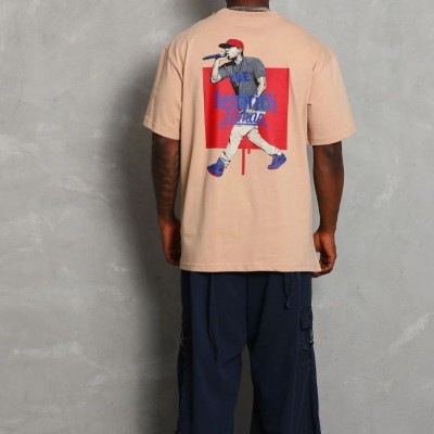 Erkek Baskılı Tişört Kısa Kol Bisiklet Yaka Oversize T-Shirt - Bej Erkek Baskılı Tişört Kısa Kol Bisiklet Yaka Oversize T-Shirt - Bej
