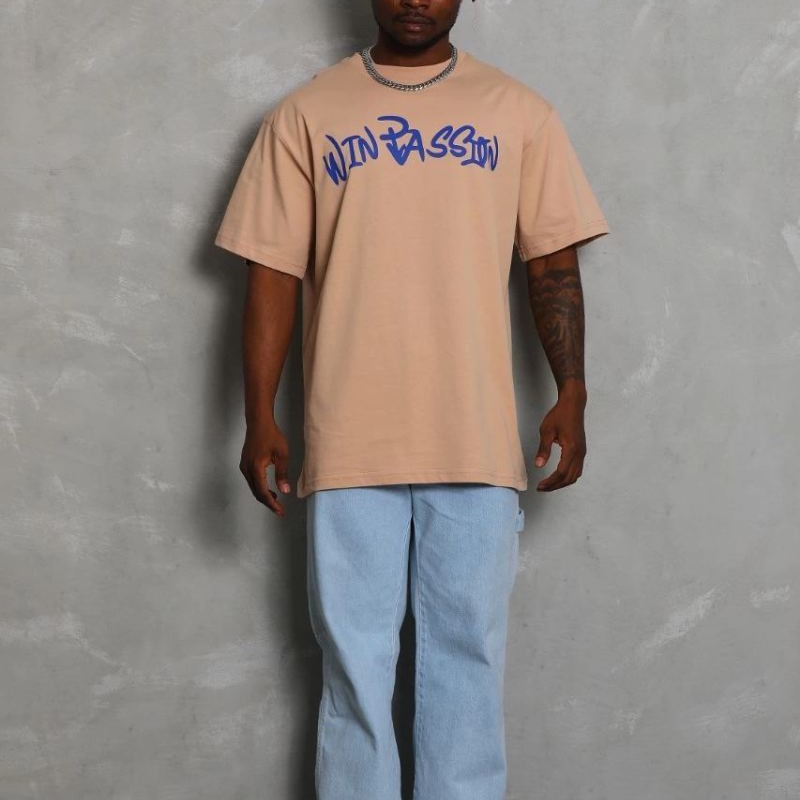 Erkek Baskılı Tişört Kısa Kol Bisiklet Yaka Oversize T-Shirt - Bej Erkek Baskılı Tişört Kısa Kol Bisiklet Yaka Oversize T-Shirt - Bej