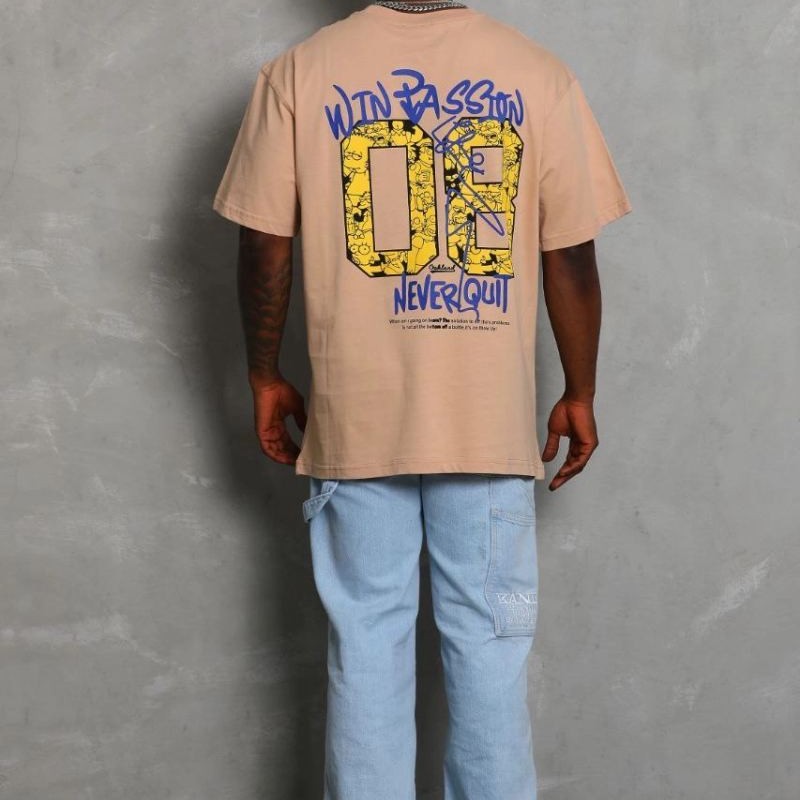 Erkek Baskılı Tişört Kısa Kol Bisiklet Yaka Oversize T-Shirt - Bej Erkek Baskılı Tişört Kısa Kol Bisiklet Yaka Oversize T-Shirt - Bej