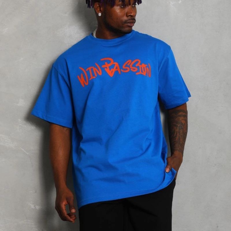 Erkek Baskılı Tişört Kısa Kol Bisiklet Yaka Oversize T-Shirt - Mavi Erkek Baskılı Tişört Kısa Kol Bisiklet Yaka Oversize T-Shirt - Mavi
