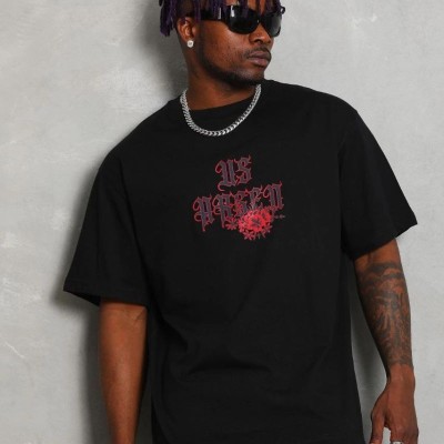 Erkek Baskılı Tişört Kısa Kol Bisiklet Yaka Oversize T-Shirt - Siyah Erkek Baskılı Tişört Kısa Kol Bisiklet Yaka Oversize T-Shirt - Siyah