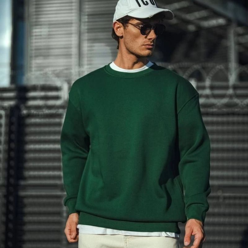Erkek Bisiklet Yaka 3 İplik Pamuklu Basic SweatShirt - Haki