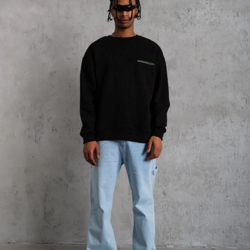 Erkek Bisiklet Yaka Baskılı 3 iplik pamuklu Sweatshirt - Siyah Erkek Bisiklet Yaka Baskılı 3 iplik pamuklu Sweatshirt - Siyah