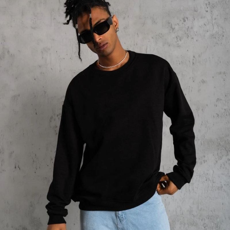 Erkek Bisiklet Yaka Baskılı 3 İplik Pamuklu Sweatshirt - Siyah Erkek Bisiklet Yaka Baskılı 3 İplik Pamuklu Sweatshirt - Siyah