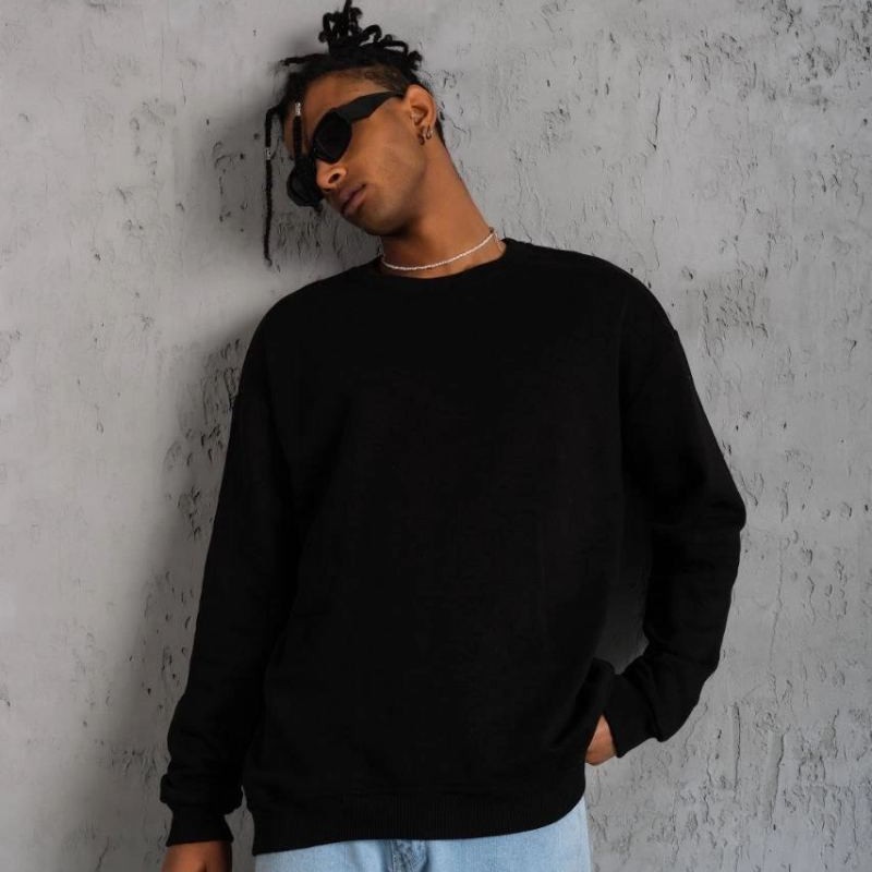 Erkek Bisiklet Yaka Baskılı 3 İplik Pamuklu Sweatshirt - Siyah Erkek Bisiklet Yaka Baskılı 3 İplik Pamuklu Sweatshirt - Siyah