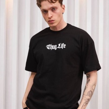 Erkek Bisiklet Yaka Baskılı Kısa kol Oversize T-Shirt - Siyah Erkek Bisiklet Yaka Baskılı Kısa kol Oversize T-Shirt - Siyah