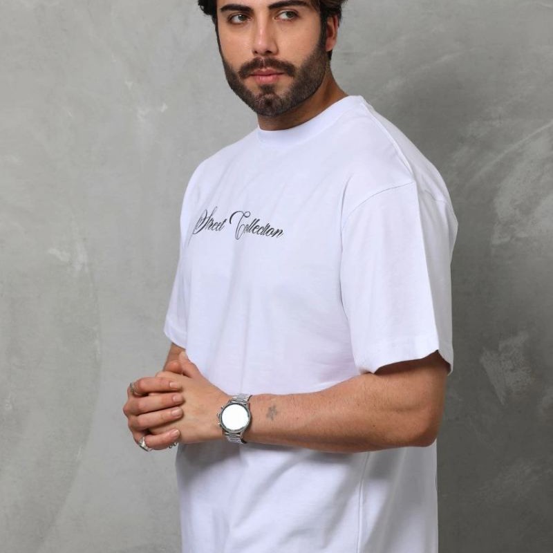 Erkek Bisiklet Yaka Baskılı Kısa Kol  T-Shirt - Beyaz