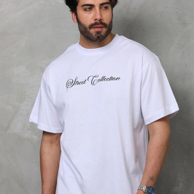 Erkek Bisiklet Yaka Baskılı Kısa Kol  T-Shirt - Beyaz