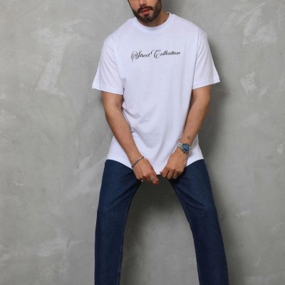 Erkek Bisiklet Yaka Baskılı Kısa Kol  T-Shirt - Beyaz