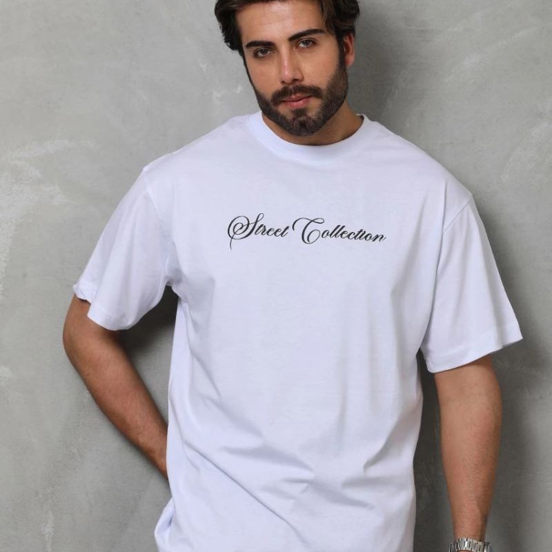 Erkek Bisiklet Yaka Baskılı Kısa Kol  T-Shirt - Beyaz