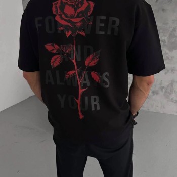 Erkek Bisiklet Yaka Baskılı Oversize Kısa kol T-Shirt - Siyah Erkek Bisiklet Yaka Baskılı Oversize Kısa kol T-Shirt - Siyah