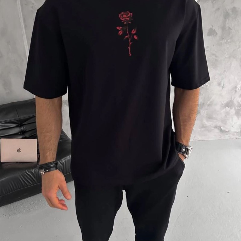 Erkek Bisiklet Yaka Baskılı Oversize Kısa kol T-Shirt - Siyah Erkek Bisiklet Yaka Baskılı Oversize Kısa kol T-Shirt - Siyah