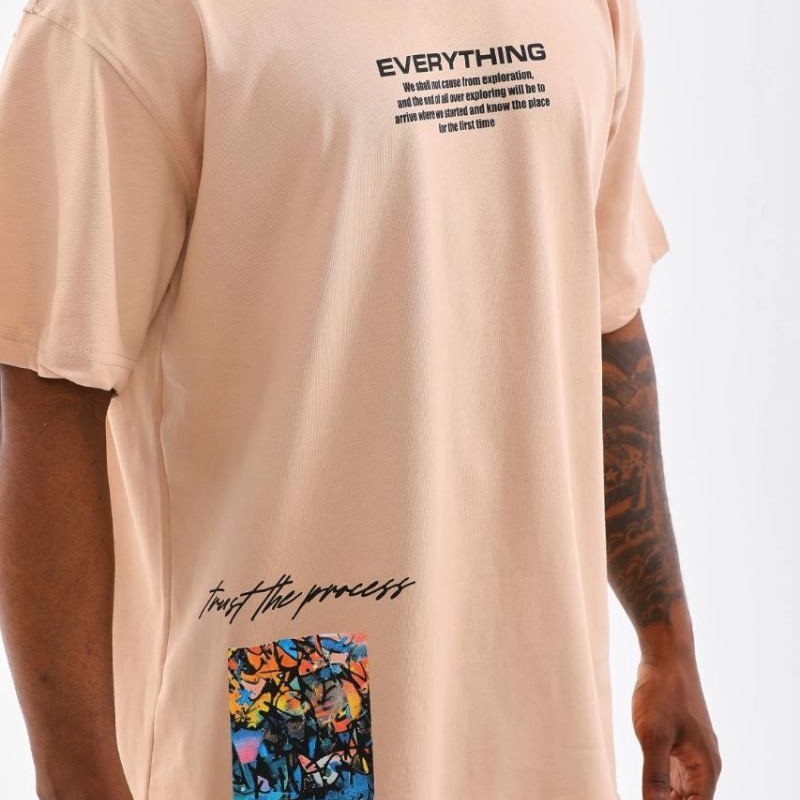 Erkek Bisiklet Yaka Baskılı Oversize T-Shirt - Bej Erkek Bisiklet Yaka Baskılı Oversize T-Shirt - Bej