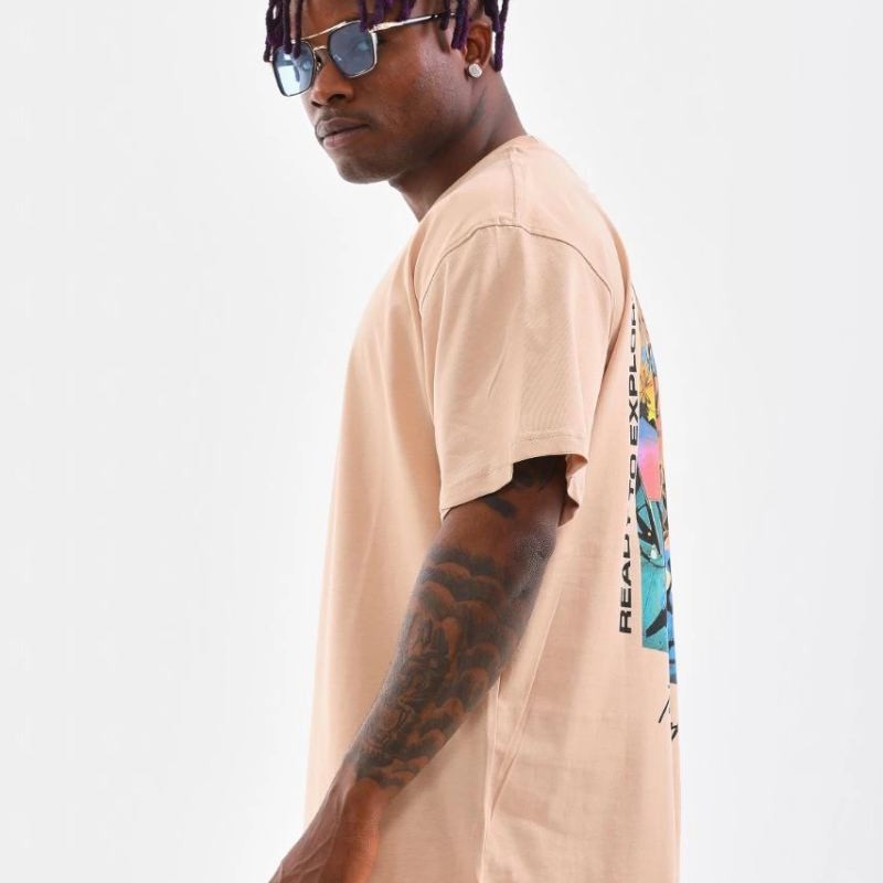 Erkek Bisiklet Yaka Baskılı Oversize T-Shirt - Bej Erkek Bisiklet Yaka Baskılı Oversize T-Shirt - Bej