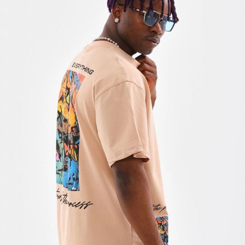 Erkek Bisiklet Yaka Baskılı Oversize T-Shirt - Bej Erkek Bisiklet Yaka Baskılı Oversize T-Shirt - Bej