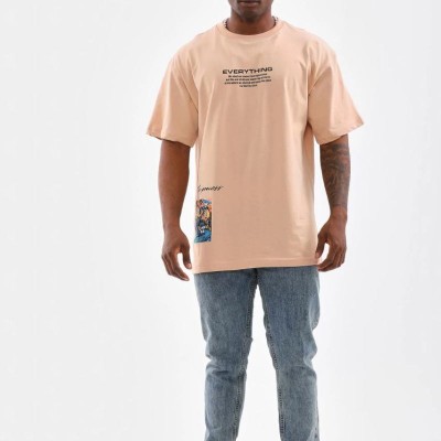 Erkek Bisiklet Yaka Baskılı Oversize T-Shirt - Bej Erkek Bisiklet Yaka Baskılı Oversize T-Shirt - Bej