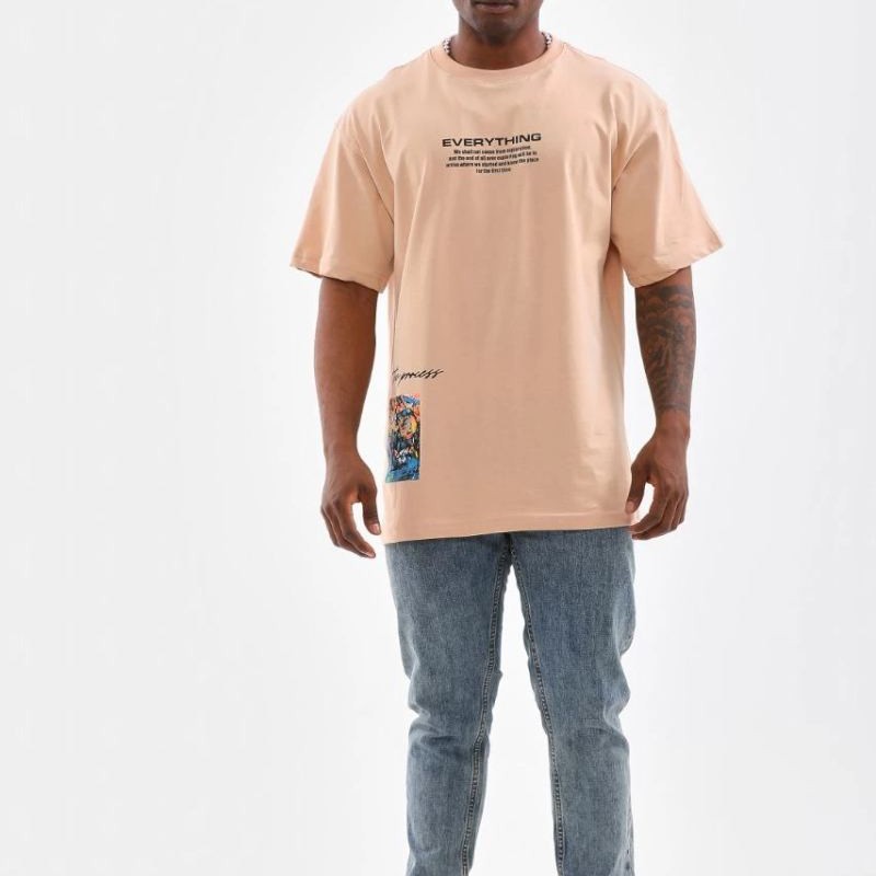 Erkek Bisiklet Yaka Baskılı Oversize T-Shirt - Bej Erkek Bisiklet Yaka Baskılı Oversize T-Shirt - Bej