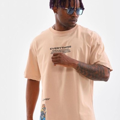 Erkek Bisiklet Yaka Baskılı Oversize T-Shirt - Bej Erkek Bisiklet Yaka Baskılı Oversize T-Shirt - Bej
