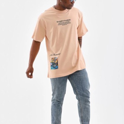 Erkek Bisiklet Yaka Baskılı Oversize T-Shirt - Bej Erkek Bisiklet Yaka Baskılı Oversize T-Shirt - Bej