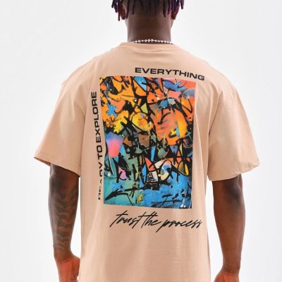 Erkek Bisiklet Yaka Baskılı Oversize T-Shirt - Bej Erkek Bisiklet Yaka Baskılı Oversize T-Shirt - Bej