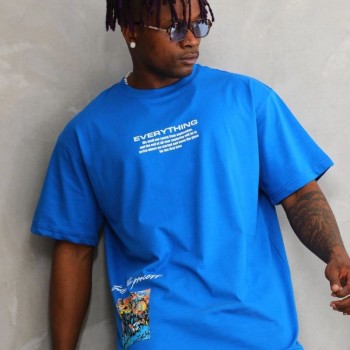 Erkek Bisiklet Yaka Baskılı Oversize T-Shirt - Mavi Erkek Bisiklet Yaka Baskılı Oversize T-Shirt - Mavi