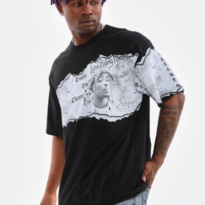 Erkek Bisiklet Yaka Baskılı Oversize T-Shirt - Siyah Erkek Bisiklet Yaka Baskılı Oversize T-Shirt - Siyah